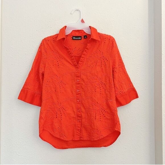 New York & Company 7th Avenue Cotton Eyelet Button Front Shirt Size Medium - Picture 2 of 5